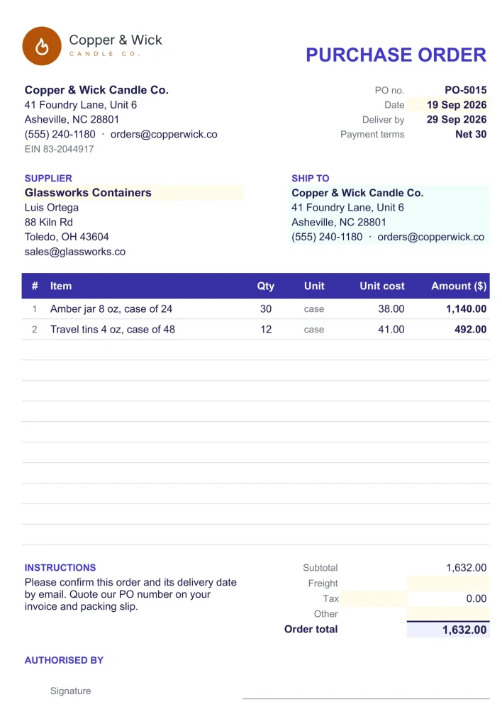 Quote & Purchase Order, the Purchase Order tab