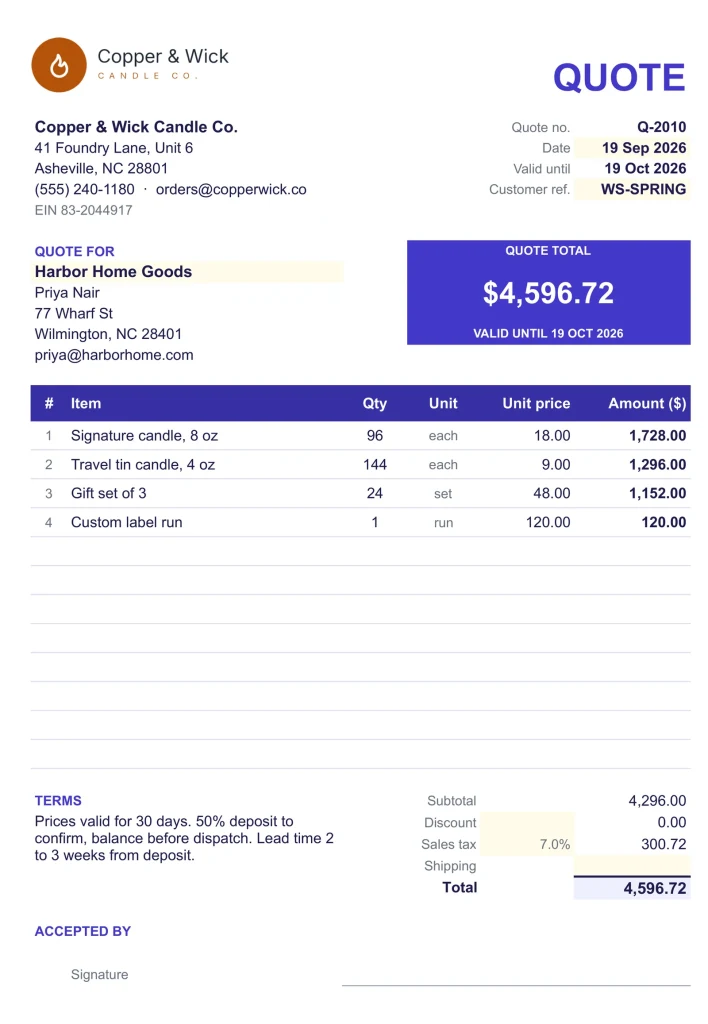 Quote & Purchase Order, the Quote tab