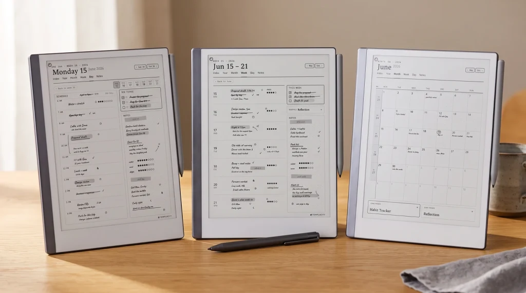 The Planner for reMarkable on three reMarkable 2 tablets: day, week and month pages