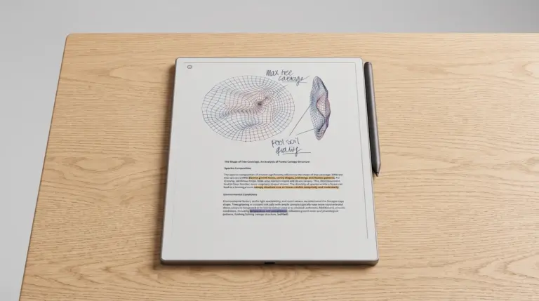 an e-ink tablet upright on an oak desk with its stylus docked and a card of spare pen tips beside it