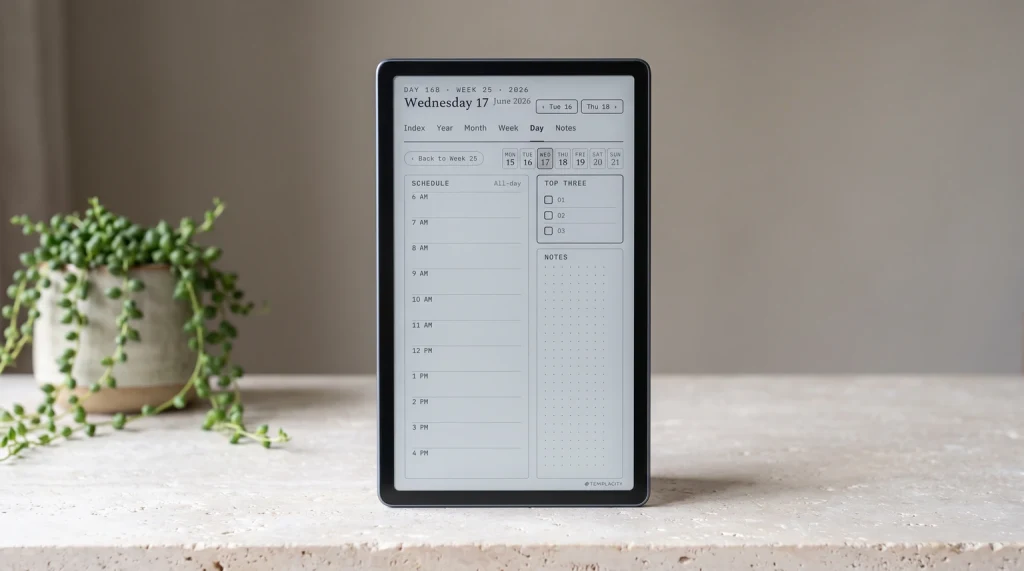 A reMarkable Paper Pro Move standing on a counter, its tall screen showing a filled day page