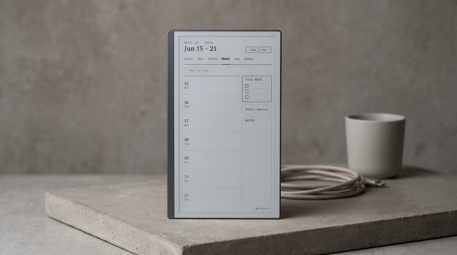 A reMarkable Paper Pro Move on a desk, its tall screen showing a filled weekly template