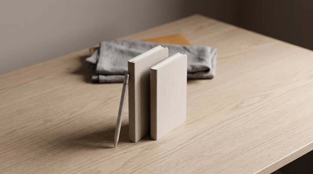 two small notebooks standing side by side on an oak desk with a slim stylus resting against one of them