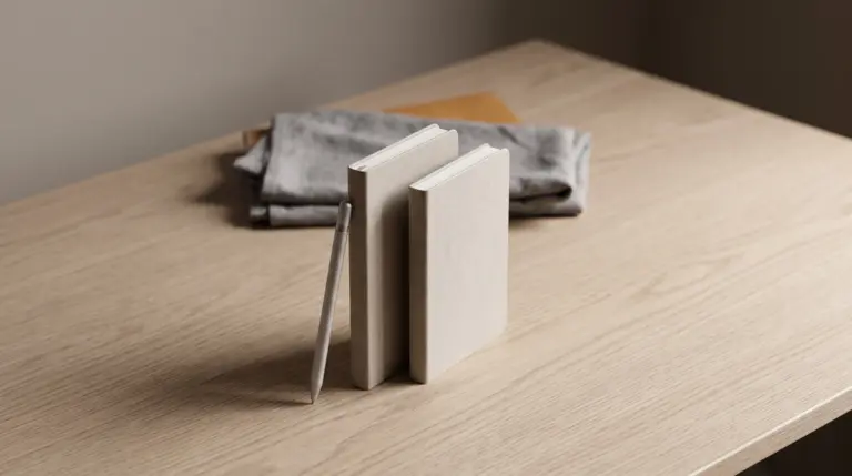 two small notebooks standing side by side on an oak desk with a slim stylus resting against one of them