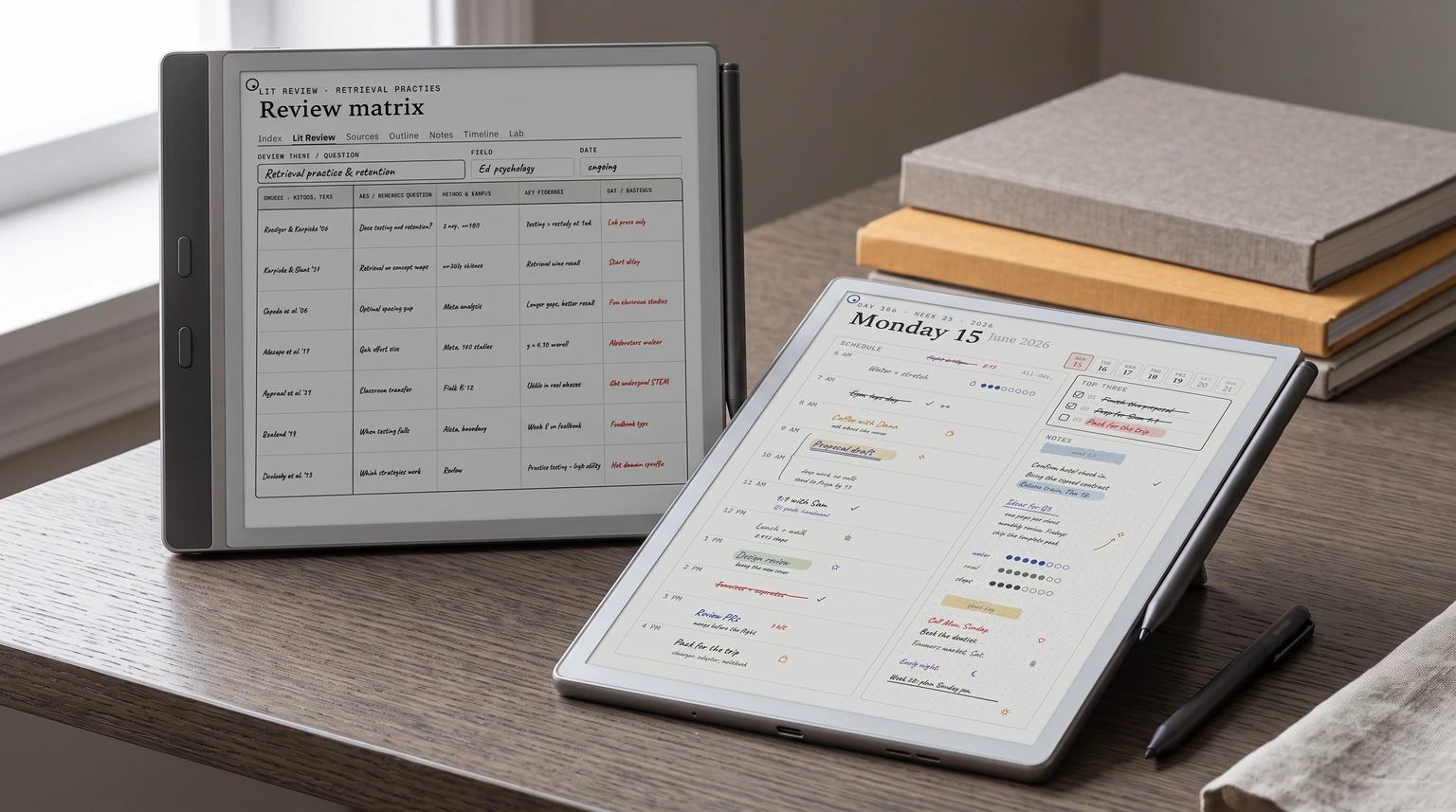 Two reMarkable Paper Pro tablets, one with a research notes page and one with a day page from The Planner