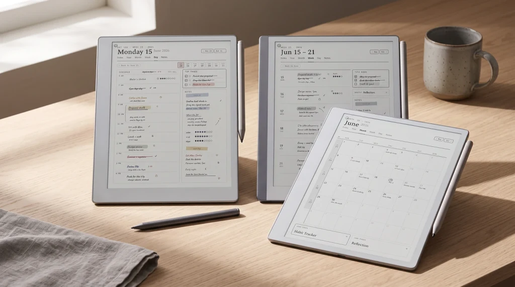 The Planner for reMarkable on three reMarkable devices: day, week and month pages