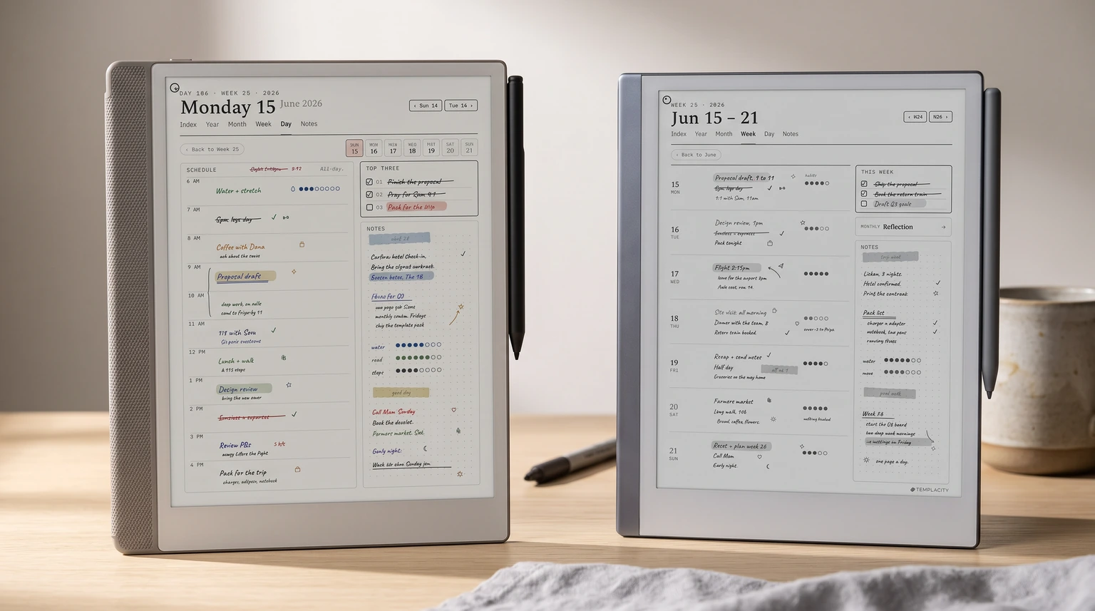 The same planner book on a reMarkable Paper Pro and a reMarkable 2, day page and week spread