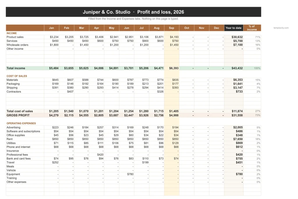 Small Business Bookkeeping, the Monthly P&L tab