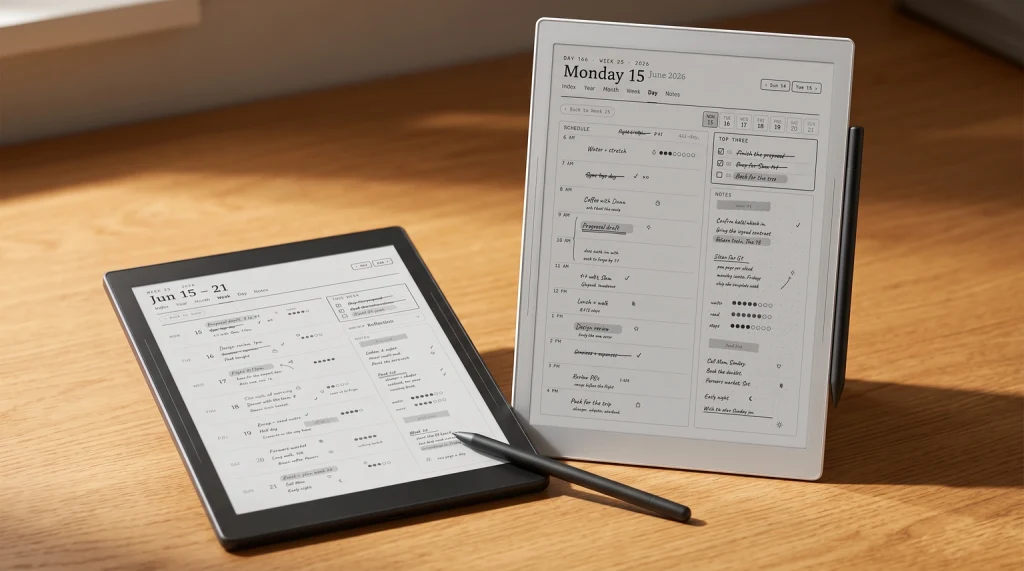 The Supernote Digital Planner on a Manta and a Nomad, a day page and a week spread