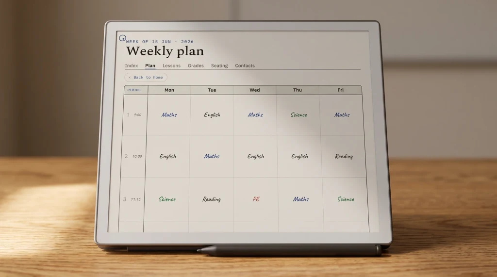 A weekly plan page from our Digital Teacher Planner on an e-ink tablet, periods down the side and weekdays across the top