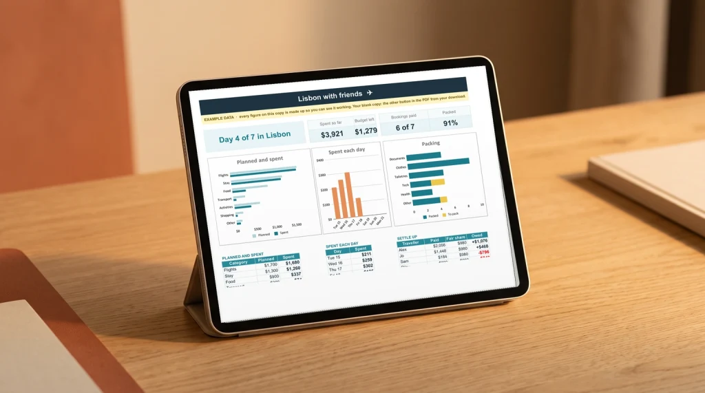 The trip dashboard of our Travel Planner spreadsheet on a tablet: planned against spent, spend per day, packing progress and the settle-up