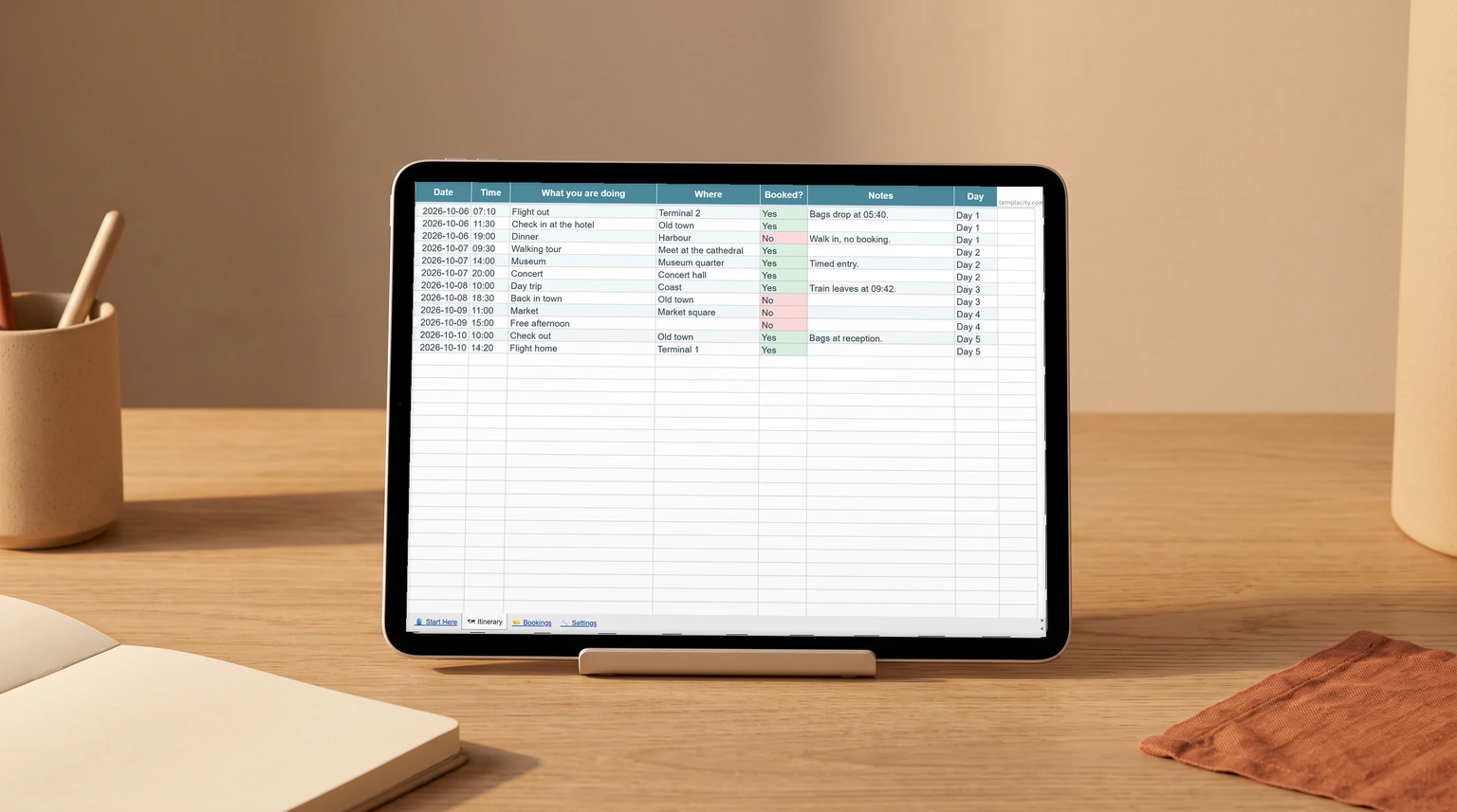 Our free travel itinerary for Google Sheets open on a tablet, a day-by-day plan with each booking marked as confirmed or not
