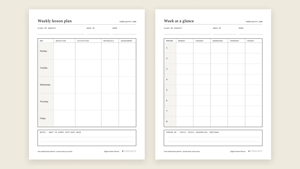 The free weekly lesson plan template and its week at a glance page, side by side