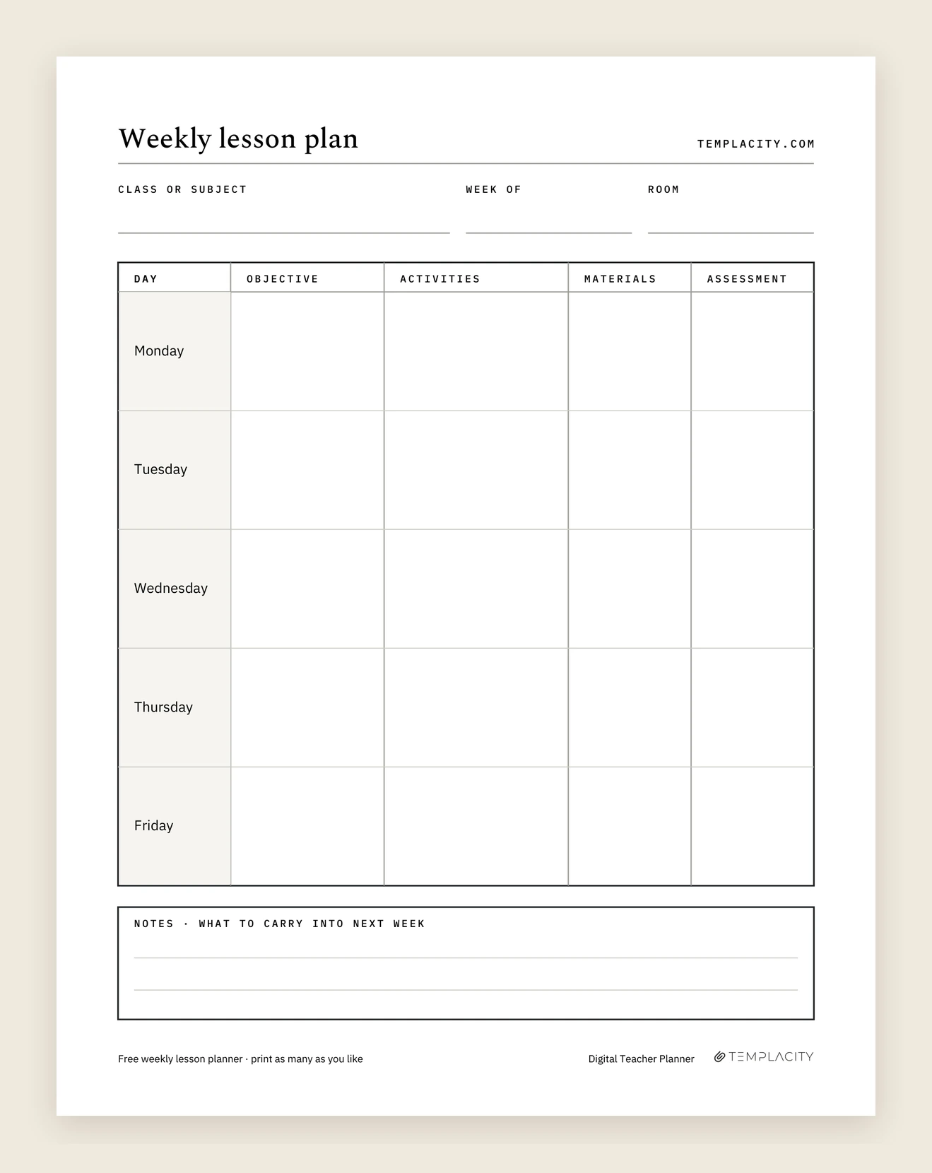 Page one of the free weekly lesson plan template: Monday to Friday rows with objective, activities, materials and assessment columns, and a notes box