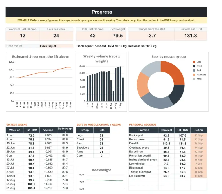 Workout-Tracker als Tabelle (Google Sheets + Excel), der Fortschritts-Tab