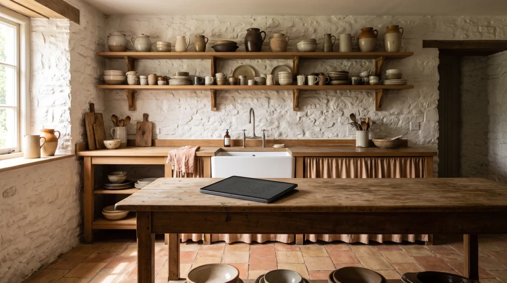 A sunlit farmhouse kitchen with whitewashed stone walls