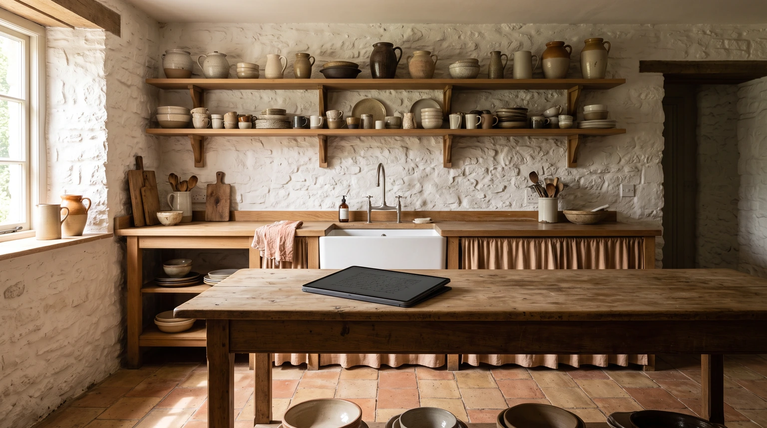 A sunlit farmhouse kitchen with whitewashed stone walls