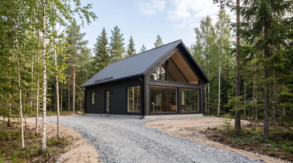 A newly built black timber cabin with a steep roof and big windows on a forest lot