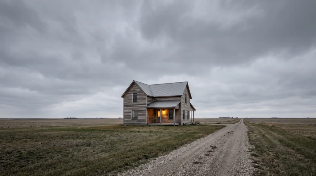 A lone farmhouse on a wide prairie under a heavy grey sky