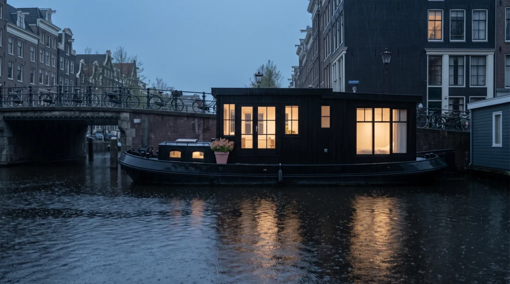 A black houseboat moored on an Amsterdam canal in the rain at dusk