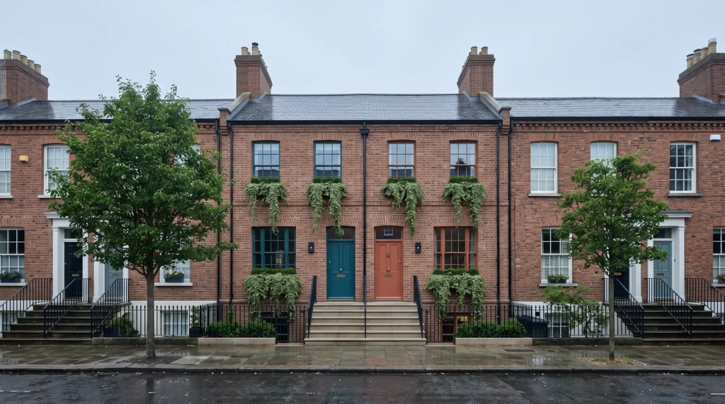 Two matching brick townhouses side by side, one teal door and one terracotta door