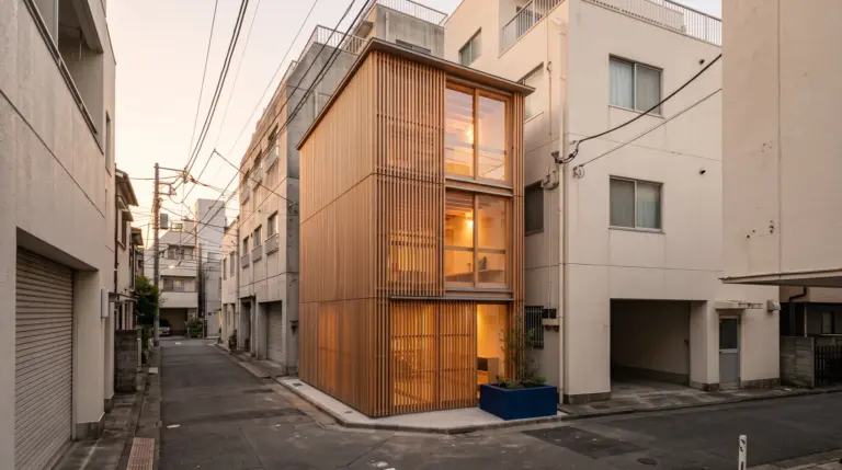 A narrow three-storey modern house in Tokyo wedged between taller buildings on a quiet lane at dusk