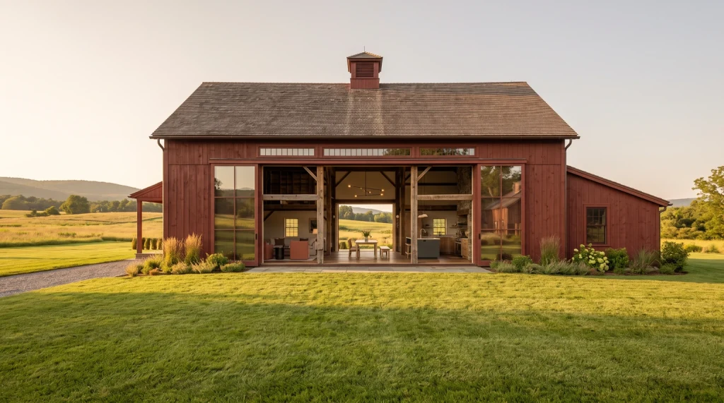A converted red timber barn in the Hudson Valley with enormous glass doors open onto a mown lawn