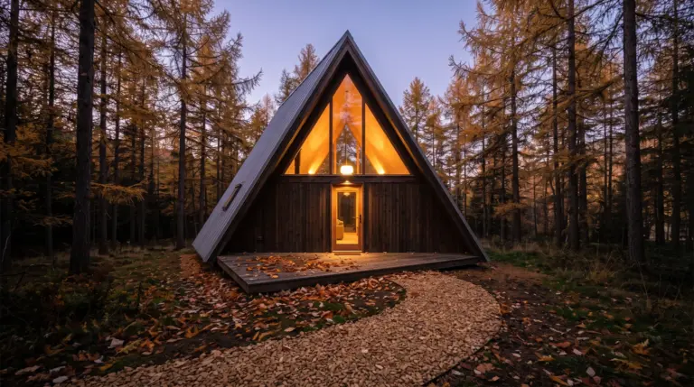 A timber A-frame cabin lit from inside among autumn larches at dusk
