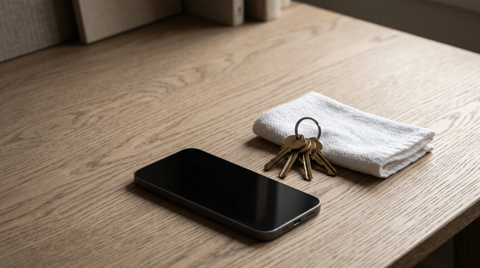A phone, house keys and a folded towel on a wooden table