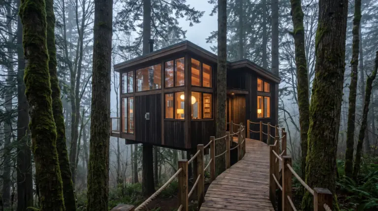 A glass and timber treehouse cabin raised among tall mossy trees in a misty forest at dusk