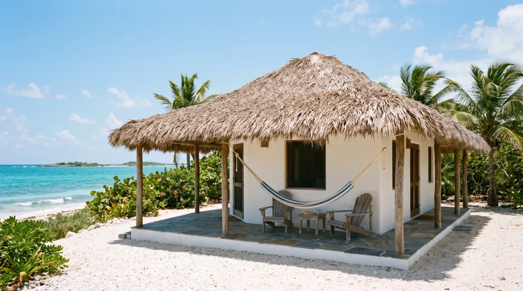 A whitewashed Mexican beach casita with a palm-thatched palapa roof and a hammock on the porch