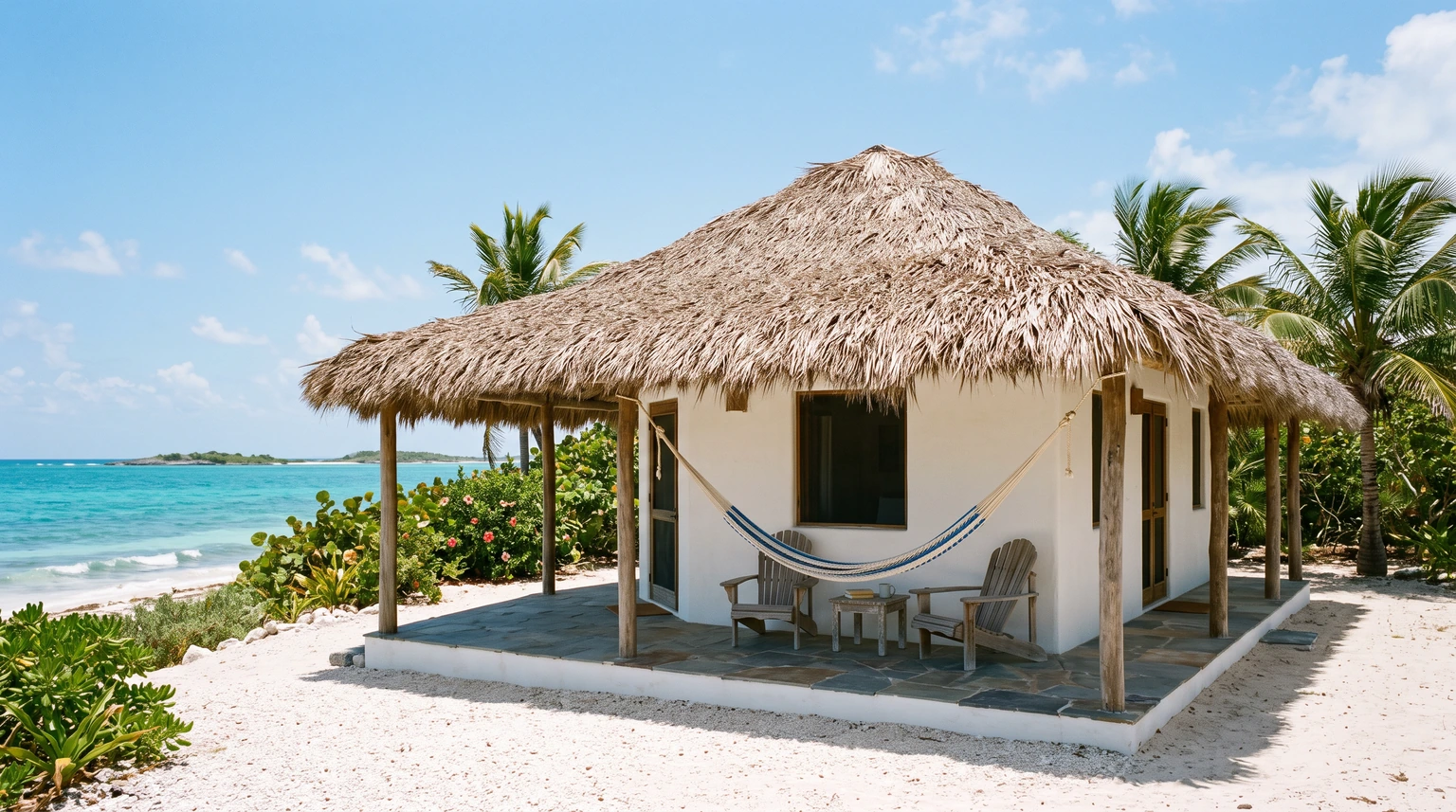 A whitewashed Mexican beach casita with a palm-thatched palapa roof and a hammock on the porch