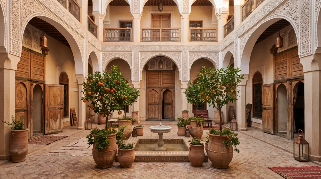 The tiled courtyard of a Moroccan riad with a small central fountain