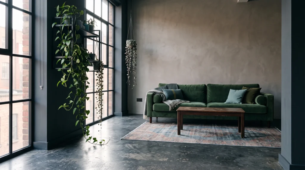 A converted industrial loft with tall black steel-framed windows