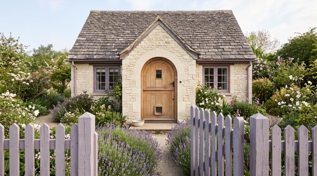 A small garden cottage with a round wooden front door with a small swinging flap set low in it