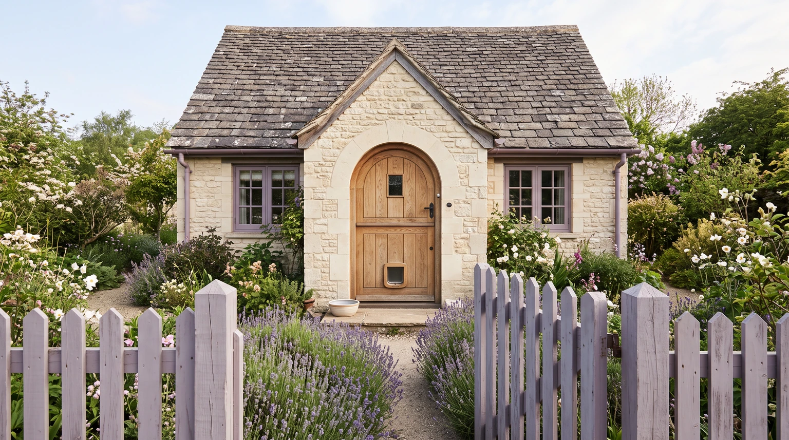 A small garden cottage with a round wooden front door with a small swinging flap set low in it