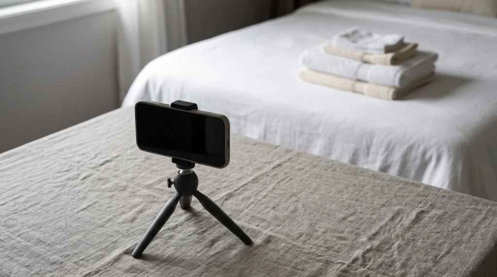 A phone on a small tripod aimed at a freshly made guest bed, recording the room before check-in