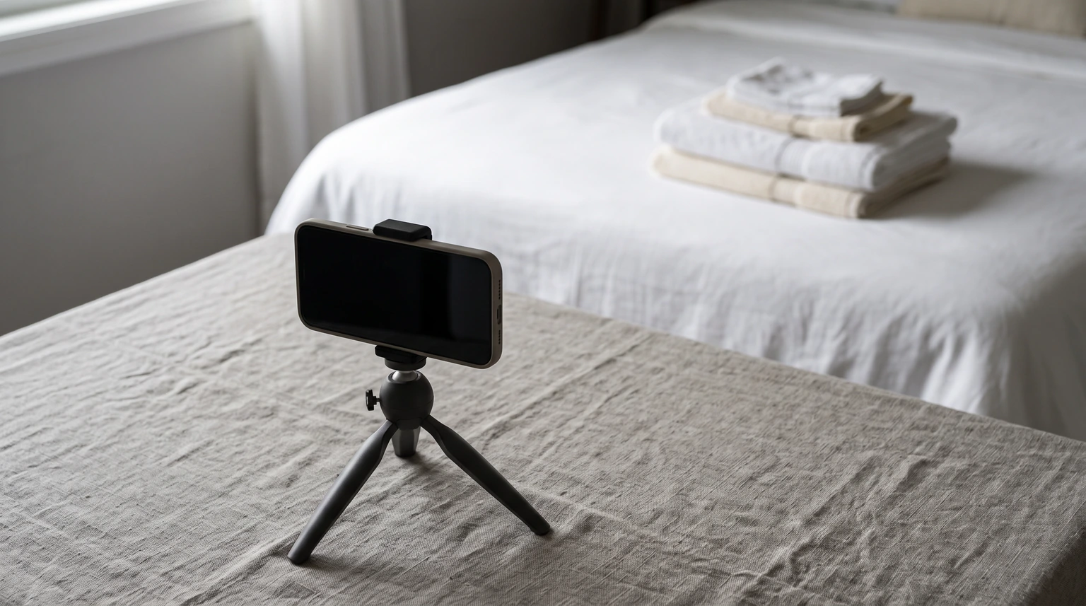 A phone on a small tripod aimed at a freshly made guest bed, recording the room before check-in