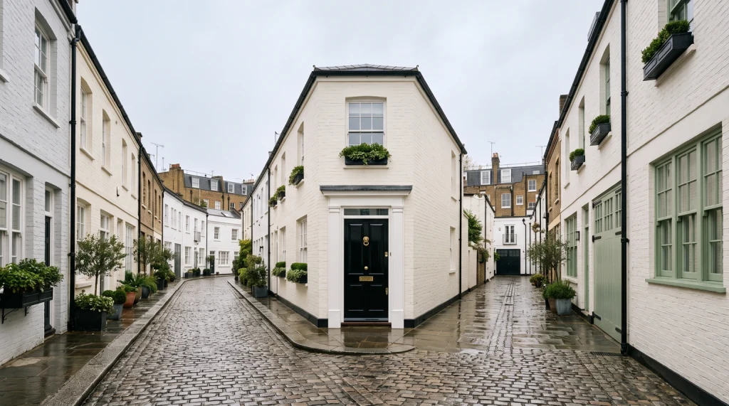 A narrow cobbled London mews lined with painted two-storey houses