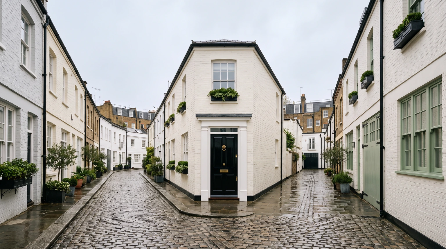 A narrow cobbled London mews lined with painted two-storey houses
