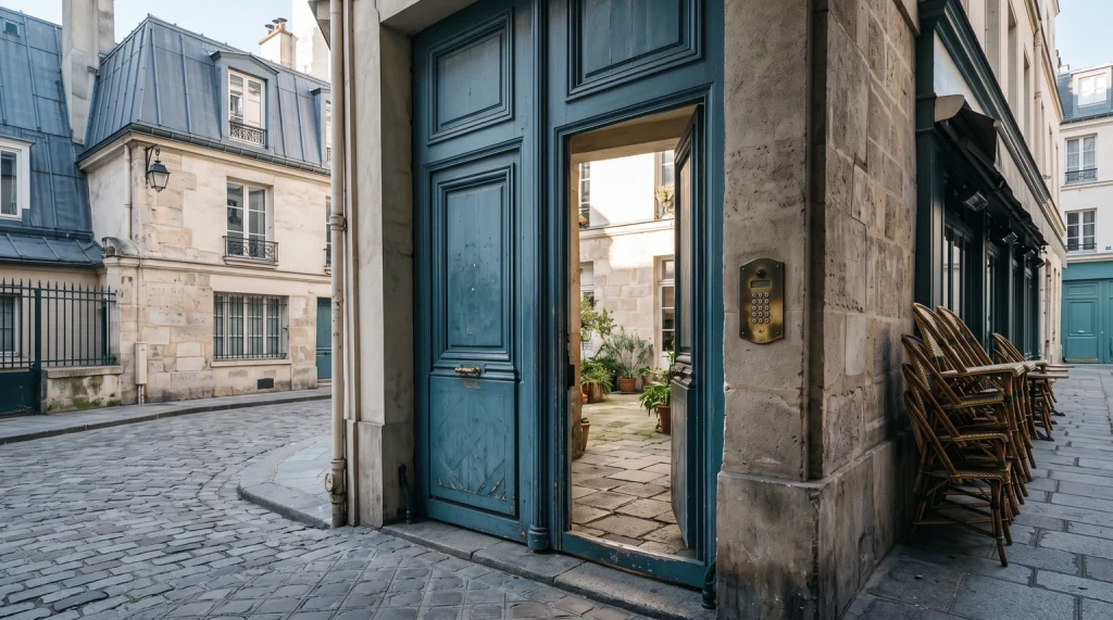 A quiet Paris street corner photographed at an angle from the pavement
