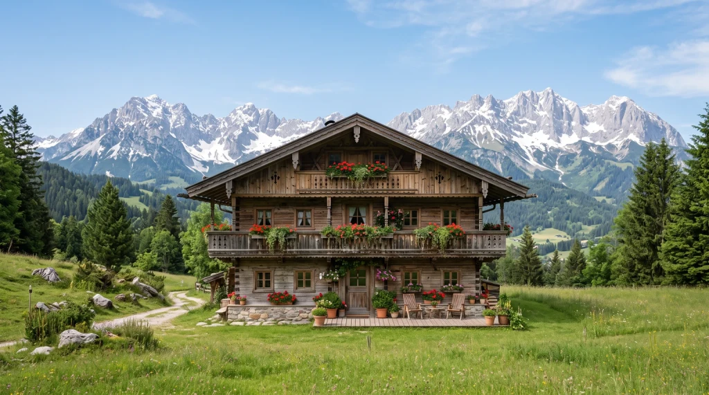 A traditional alpine timber chalet with balconies overflowing with red geraniums