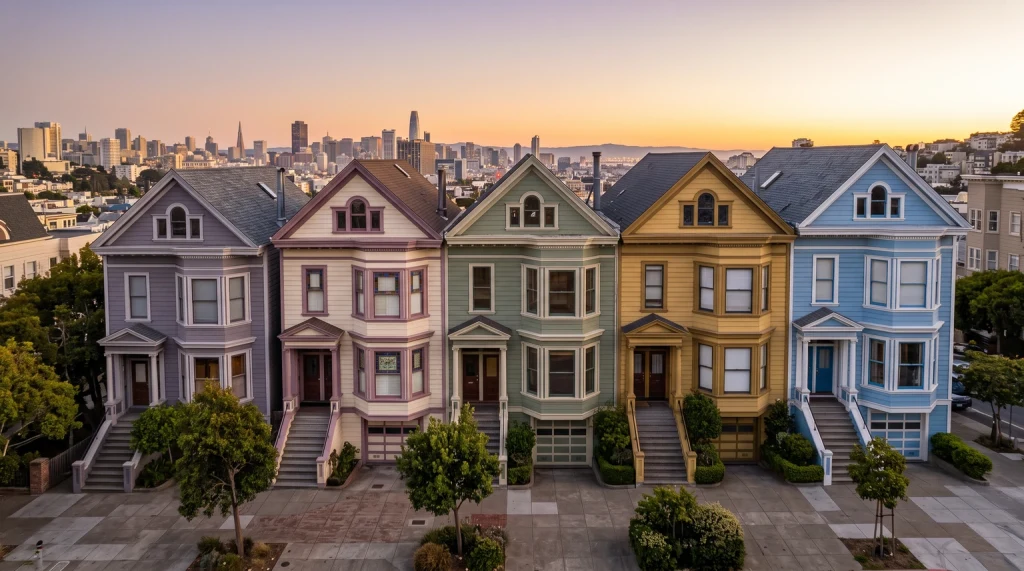 A row of colourful Victorian painted-lady townhouses on a hill
