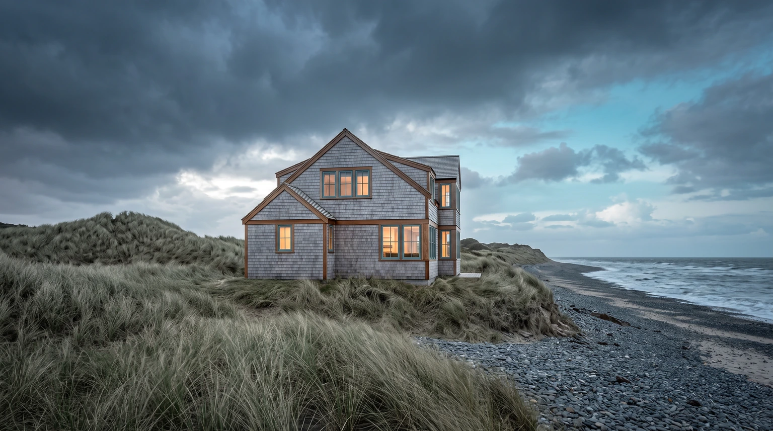 A weathered shingle beach house standing on a dune with marram grass