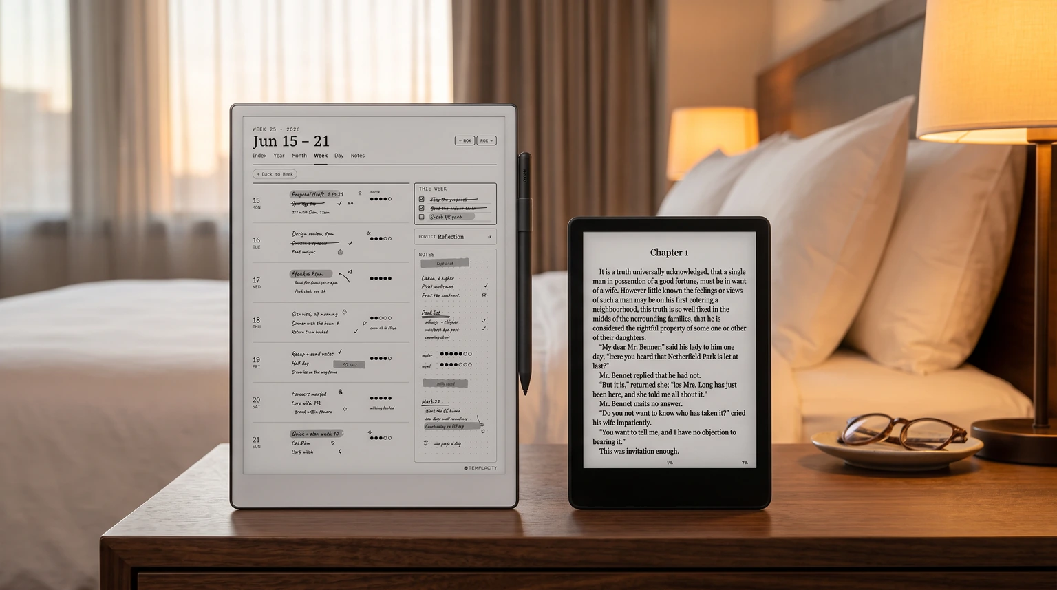 An 11-inch Kindle Scribe showing a weekly planner page beside a 7-inch Kindle Paperwhite showing a novel, on a hotel nightstand