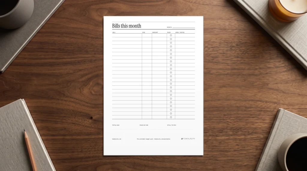 Our free printable bills tracker on a desk: each bill with its due date, amount and paid box, printed on US Letter