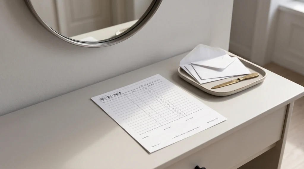Our free printable bills tracker printed and lying on a hallway console table