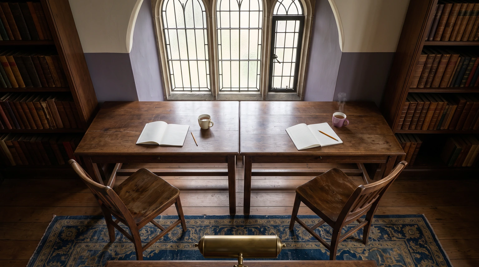 Two side-by-side desks with notebooks and tea in a sunlit library reading room