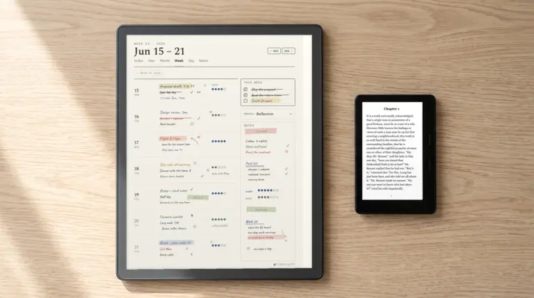 Ein winziger, kartengroßer Boox Picco mit einer Buchseite neben einem 10-Zoll-Boox-Schreibtablet mit der Wochenseite von The Planner