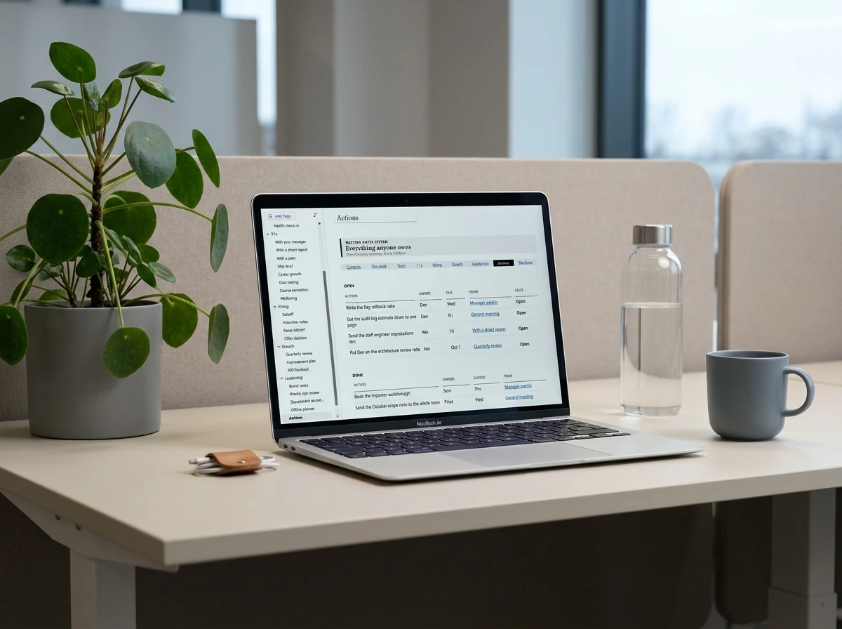 A structured OneNote actions page, the part an assistant cannot invent for you